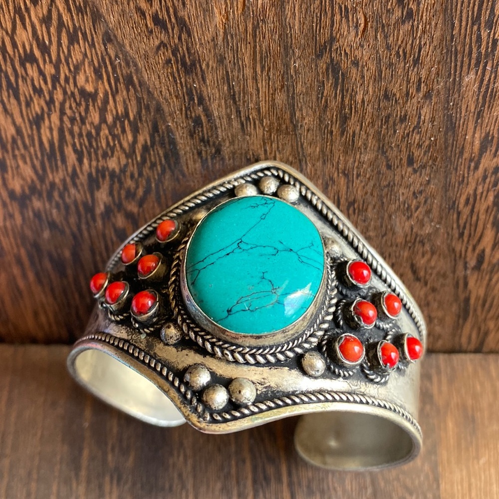 Beautiful cuff bracelet, unique turquoise, and red color stones wide